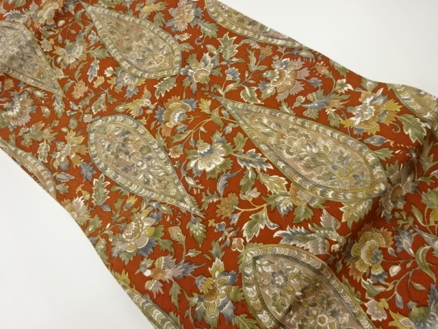 縮緬地型染花唐草に鳥模様名古屋帯